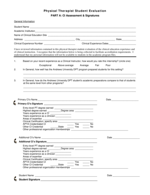 Physical Therapist Student Evaluation Form