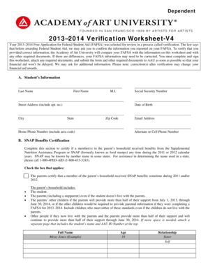 2013-2014 Verification Worksheet