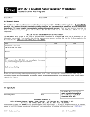 2014-2015 Student Asset Valuation Worksheet