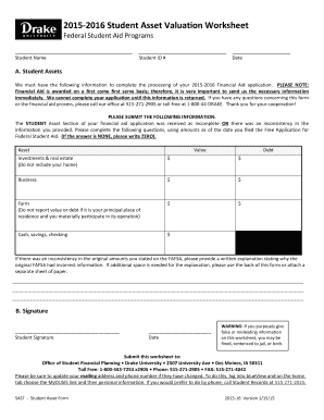 2015-2016 Student Asset Valuation Worksheet