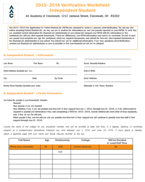 2015-2016 Verification Worksheet for Independent Students