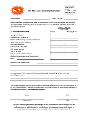 2015-2016 Income Explanation Worksheet