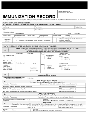 Drexel University Immunization Record Form