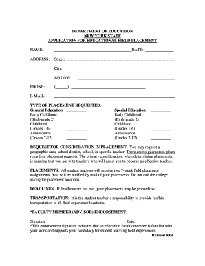 New York State Educational Field Placement Application