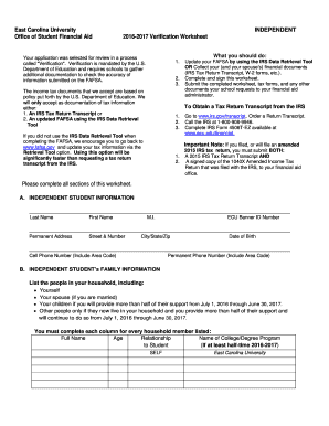 2016-2017 Independent Student Verification Worksheet