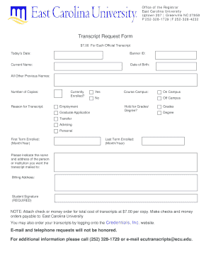 East Carolina University Transcript Request Form