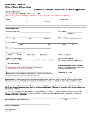 Summer 2016 Federal Direct Parent PLUS Loan Application