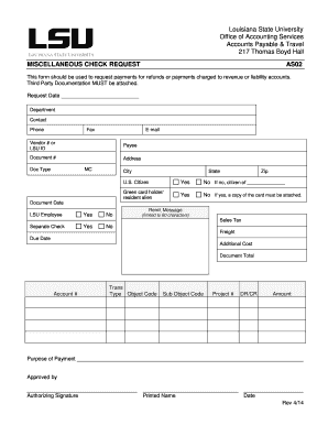 Louisiana State University Miscellaneous Check Request