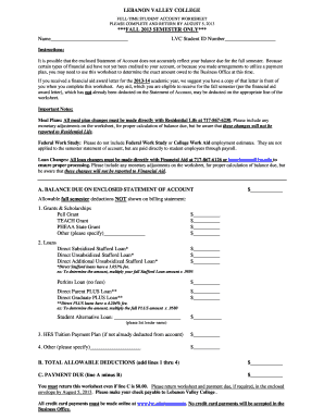 Lebanon Valley College Full-Time Student Account Worksheet