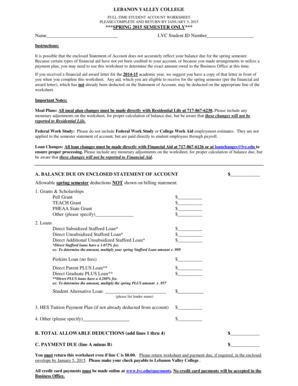 Lebanon Valley College Student Account Worksheet
