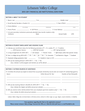 Lebanon Valley College Financial Aid Institutional Data Form