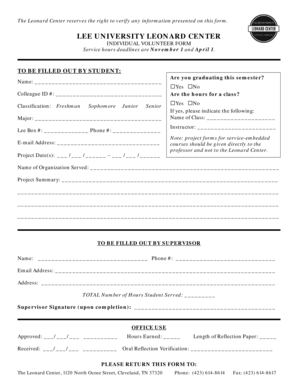 Lee University Leonard Center Individual Volunteer Form