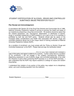 Student Certification of Alcohol, Drugs and Controlled Substance Abuse Prevention Policy