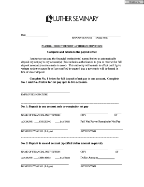Payroll Direct Deposit Authorization Form