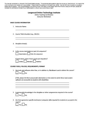 Online Teaching Certification Instructor Worksheet