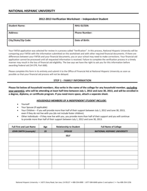 2012-2013 Verification Worksheet - Independent Student