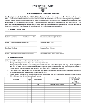 2014-2015 Dependent Verification Worksheet