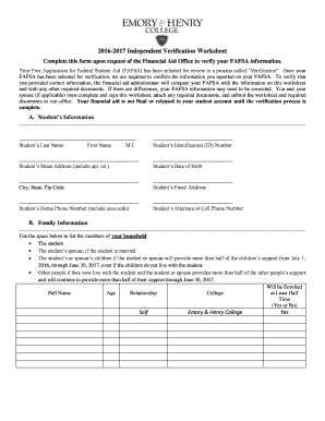 2016-2017 FAFSA Verification Worksheet