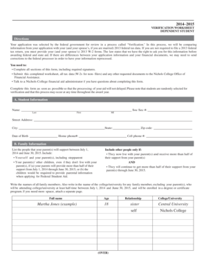 2014–2015 Verification Worksheet Dependent Student
