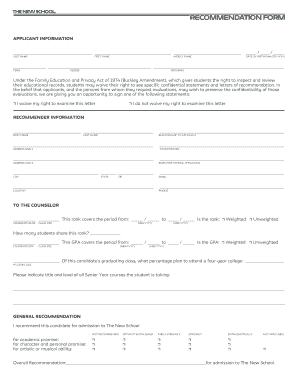 Recommendation Form for College Admission