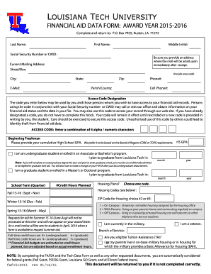 Louisiana Tech University Financial Aid Data Form