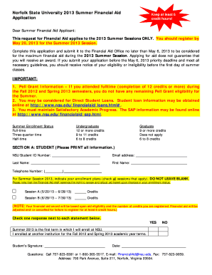 Norfolk State University 2013 Summer Financial Aid Application