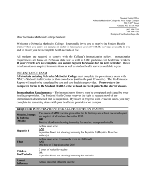 Nebraska Methodist College Student Health Pre-Entrance Report