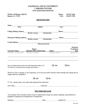 Louisiana Tech University Career Center Registration Form