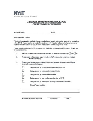 Academic Advisor's Recommendation for Program Extension