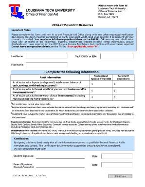 2014-2015 Louisiana Tech University Financial Aid Asset Verification Form
