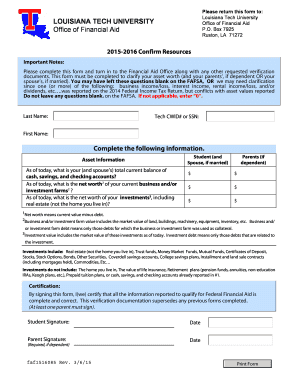 2015-2016 Louisiana Tech University Financial Aid Asset Verification Form