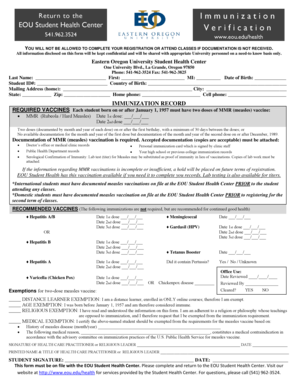 EOU Student Health Center Immunization Verification Form