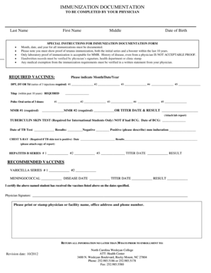 Immunization Documentation Form