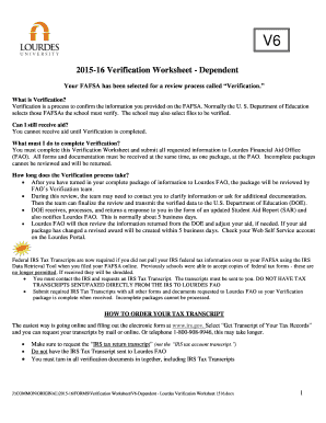 2015-16 Verification Worksheet - Dependent