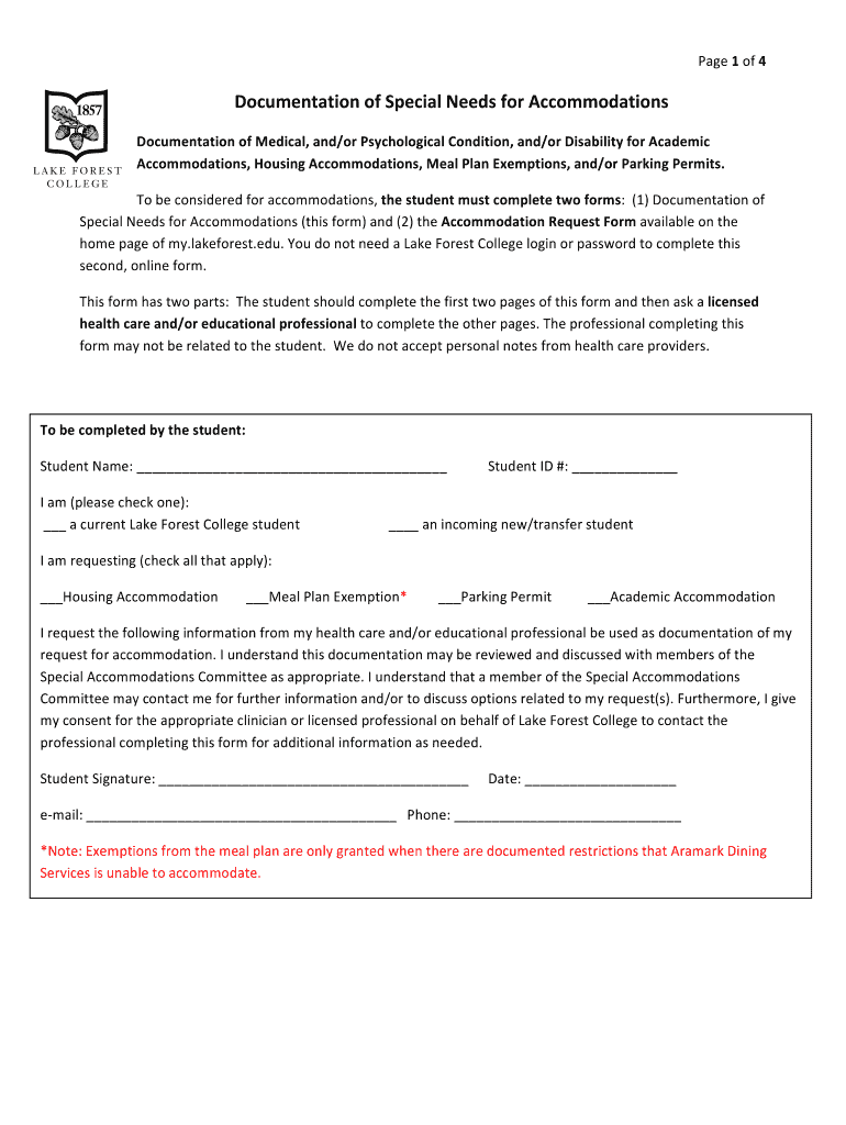 Fillable Online Documentation of Special Needs for Accommodations Fax ...