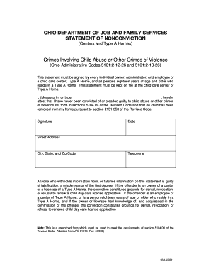 Ohio Statement of Nonconviction for Child Care Centers
