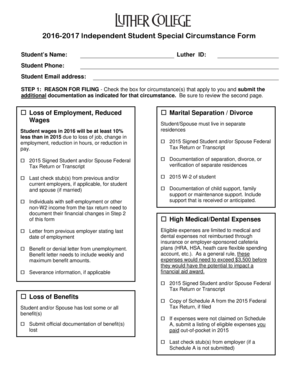 2016-2017 Independent Student Special Circumstance Form