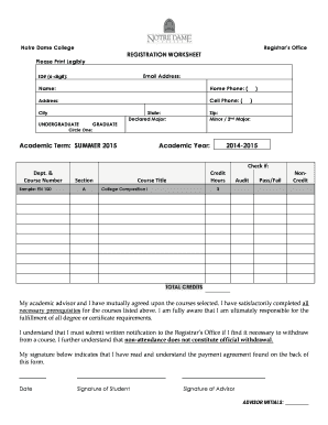 Notre Dame College Registration Worksheet