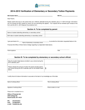Verification of Elementary or Secondary Tuition Payments