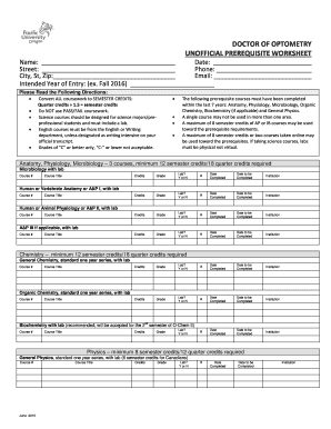 Doctor of Optometry Prerequisite Worksheet