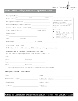 North Central College Summer Camp Health Form