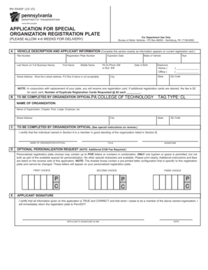 Pennsylvania Special Organization Registration Plate Application