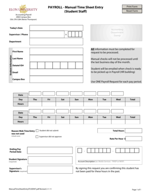Student Staff Manual Time Sheet Entry Form