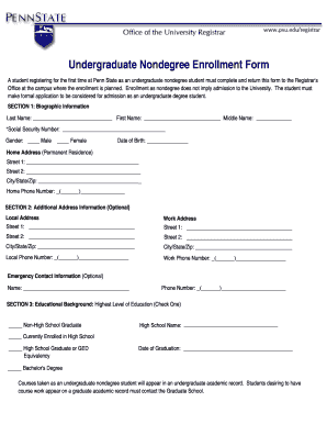 Penn State Undergraduate Nondegree Enrollment Form