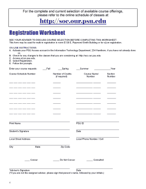 Pennsylvania State University Registration Worksheet