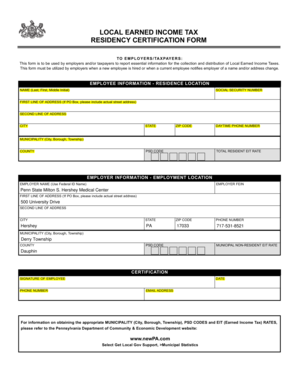 Pennsylvania Local Earned Income Tax Residency Certification Form