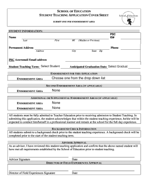 Student Teaching Application Cover Sheet
