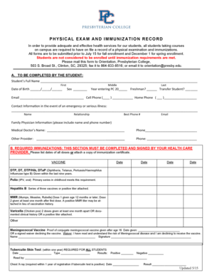 PHYSICAL EXAM AND IMMUNIZATION RECORD - presby