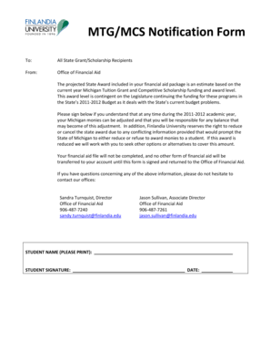 Michigan Tuition Grant Notification Form