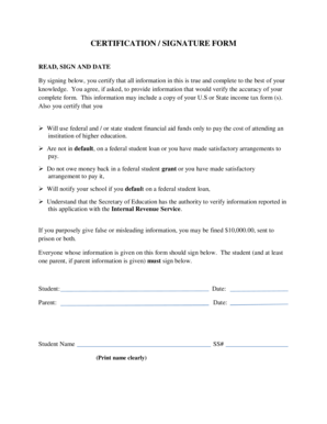 Student Financial Aid Certification Form